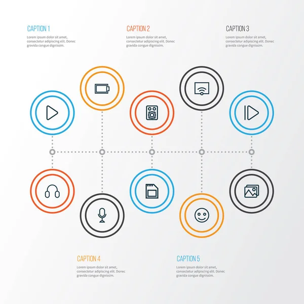 Icone musicali stile linea impostato con verso l'alto, immagine, cuffie e altri elementi lenti in avanti. Isolate icone di musica illustrazione . — Foto Stock