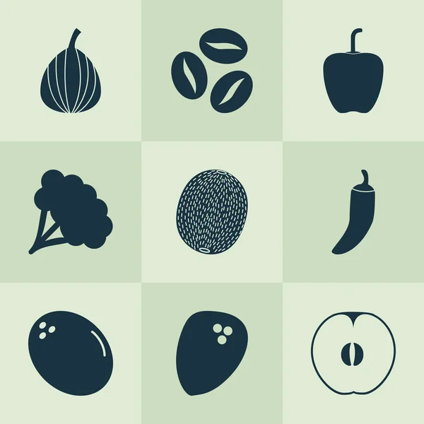 Növényi ikonok beállítása, a paprika, brokkoli, kiwi és cayenne elemeivel. Elszigetelt illusztráció növényi ikonok. — Stock Fotó