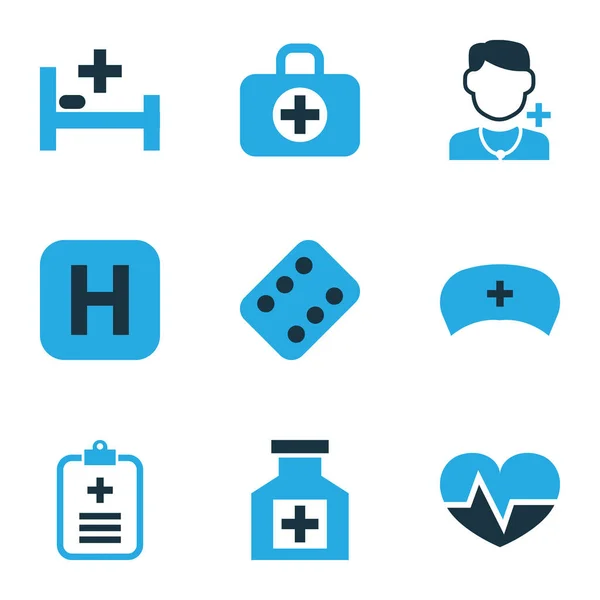 Medizin-Symbole farbiges Set mit Puls, Verbandskasten, Krankenhaus und anderen Elementen. isolierte Illustration Medizin-Ikonen. — Stockfoto