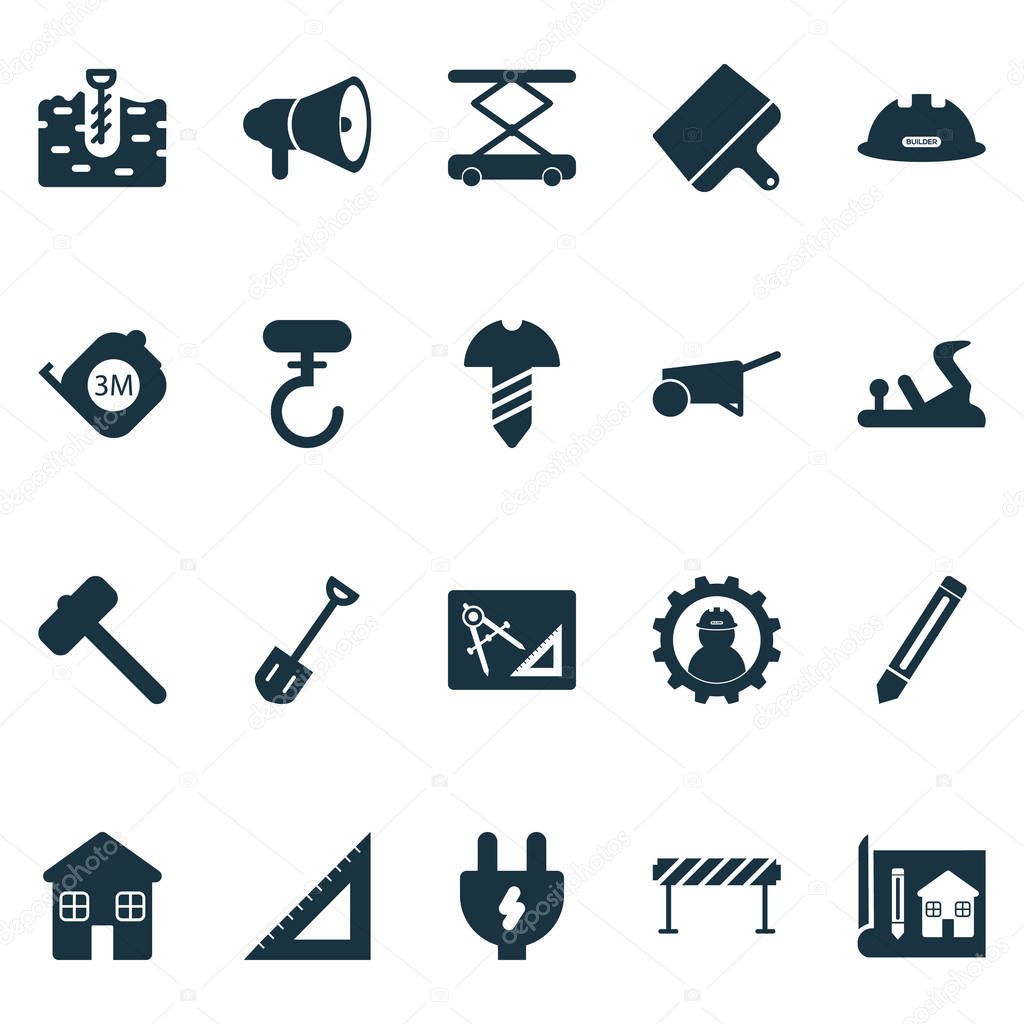 Construction icons set with straightedge, hammer for tiles, horn and other adapter elements. Isolated  illustration construction icons.