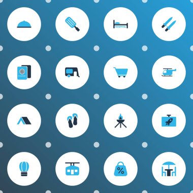 Turizm simgeler Kayak kabin, gıda, şişesi ve diğer karavan öğeleri kümesi renkte. İzole vektör çizim Turizm simgeler.