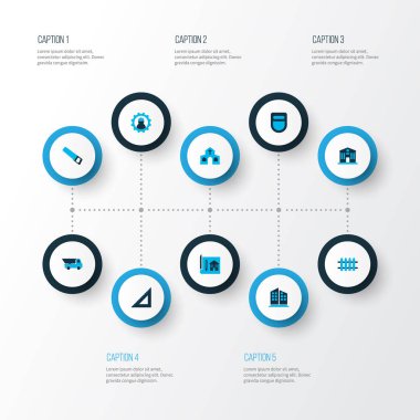 İnşaat simgeler kümesi çalışma, okul, Yeşilaycı ve kilise diğer öğelerle birlikte renkte. İzole vektör illüstrasyon inşaat simgeler.