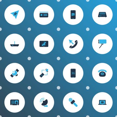 Telekomünikasyon simgeler kümesi ile tablet bağlantısı, 3 g smartphone, yönlendirici ve diğer uydu 4 g telefonu elemanları ile renkli. İzole vektör çizim telekomünikasyon simgeler.