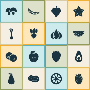 Gıda simgeler çilek, yaban mersini, patates ve diğer baklagil öğeleri ile ayarlayın. İzole vektör çizim gıda simgeler.