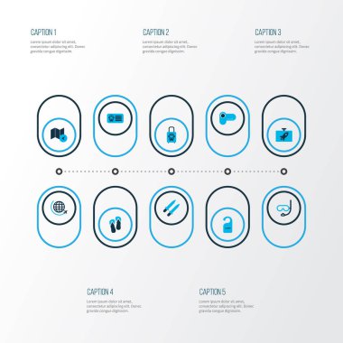 Gezi simgeler renkli flask, kılıç, işareti kapalı ve diğer rehberlik öğeleri kümesidir. İzole vektör çizim gezi simgeler.
