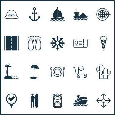 Evet mark, Restoran, kamera ve diğer direksiyon öğeleri ile turizm Icons set. İzole vektör çizim Turizm simgeler.