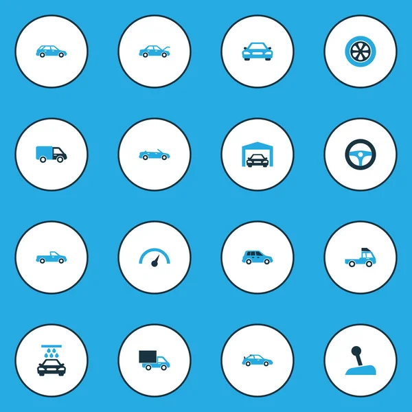 Otomatik simgeler kümesi kamyon, Cabrio modeli, crossover ve diğer kamyon öğeleri ile renkli. İzole vektör çizim otomatik simgeler.