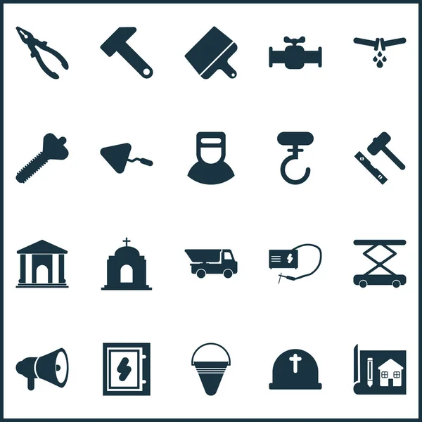Conjunto de iconos de construcción con templo, paleta, conjunto para la colocación de azulejos y otros elementos rascadores. Iconos de construcción de ilustración vectorial aislado . — Vector de stock