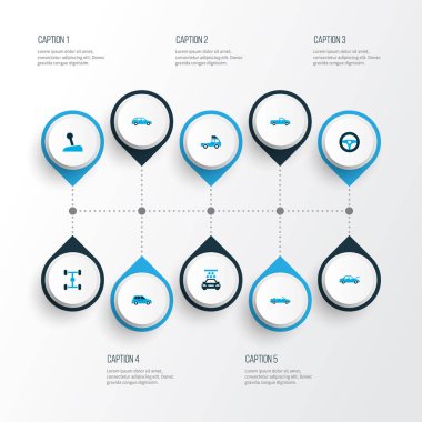 Otomatik simgeler kümesi Cabrio modeli, van, araba ve diğer şasi öğeleri ile renkli. İzole illüstrasyon otomatik simgeler.