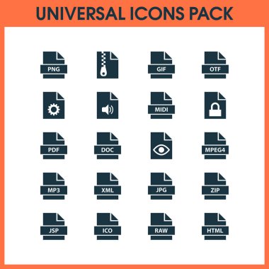 Komut dosyası, metin, biçim ve diğer yapılandırma öğeleri türleri Icons set. İzole illüstrasyon simge türleri.