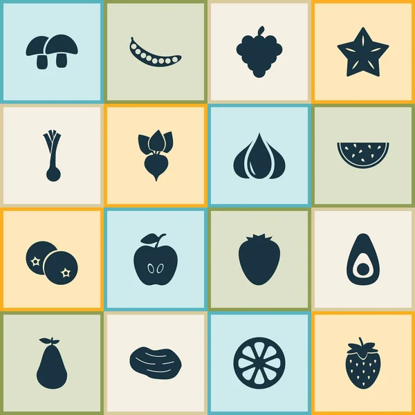 Iconos de frutas con fresas, arándanos, patatas y otros elementos de legumbres. Iconos de fruta de ilustración aislada . —  Fotos de Stock