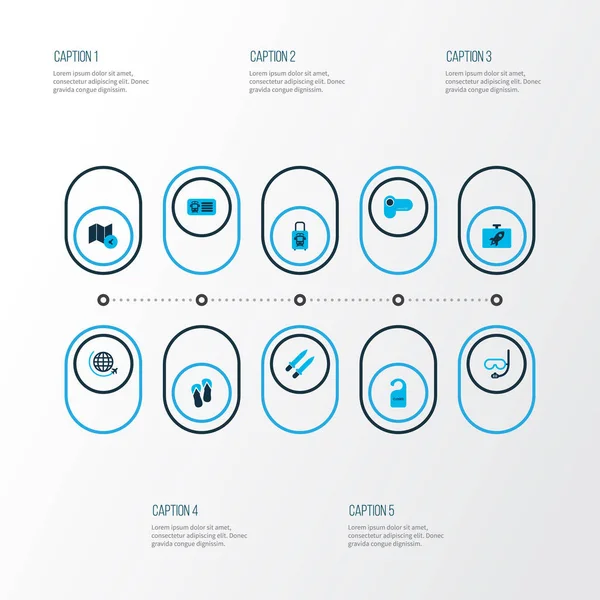 Туризм иконы цветной набор с флягой, меч, знак закрыт и другие элементы руководства. Изолированные иконки туризма . — стоковое фото
