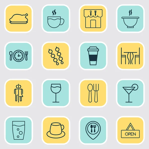 Conjunto de iconos para comer con vidrio, espresso, ubicación del restaurante y otros elementos de la tabla. Iconos aislados para comer ilustración . —  Fotos de Stock