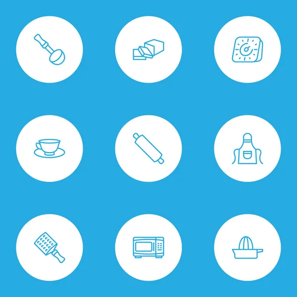 Matlagning ikoner linjeformat set med SOPPSLEV, brödkavel, hand rivjärn enhetliga element. Isolerade illustration matlagning ikoner. — Stockfoto