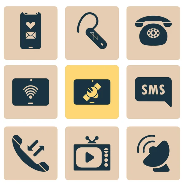 Telecommunication icons set with bluetooth tower, tablet connection, satellite connection and other television elements. Isolated  illustration telecommunication icons.