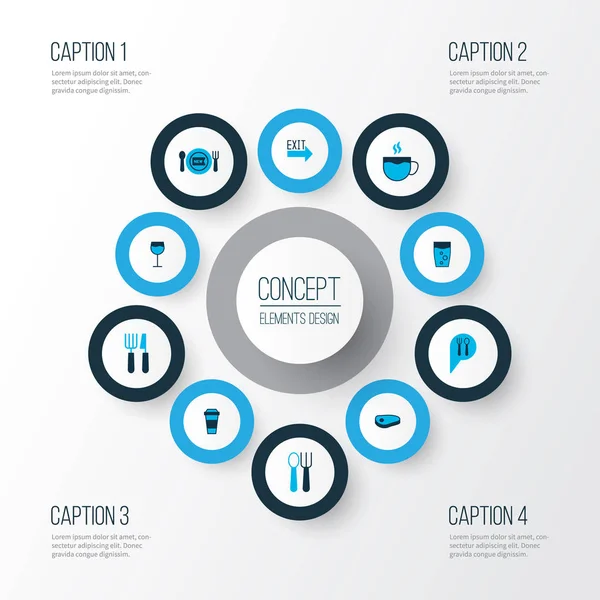 コーヒー、水のガラス、ワイングラス、お茶の他の要素とセットの色アイコンを食べるします。分離のイラスト アイコンを食べる. — ストック写真