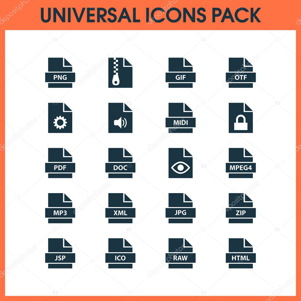 Types icons set with script, text, format and other configuration elements. Isolated  illustration types icons.