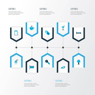 Turizm simgeler kümesi demir, otel işareti, anahtar ve diğer kapı askı elemanları ile renkli. İzole vektör çizim Turizm simgeler.