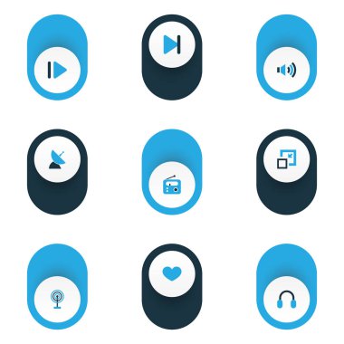 Medya Icons renkli set ile yukarı doğru Bağıntı antenler, kulaklık ve diğer öğeleri döküm. İzole vektör çizim medya simgeler.