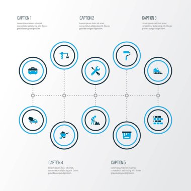 Simgeler bina araç kümesiyle renkli, boya silindiri, inşaat çalışmaları ve diğer kaldırma öğeleri kanca. Simgeler bina izole vektör çizim.