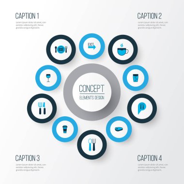 Simgeler yemek kahve, su bardağı, bardağı ve diğer çay öğeleri kümesiyle renkli. Simgeler yeme izole vektör çizim.