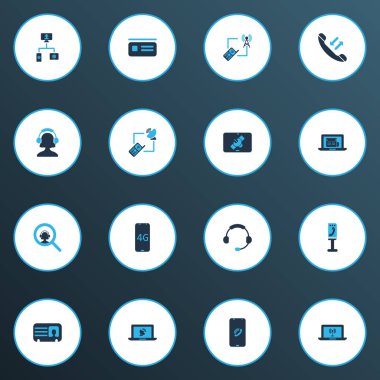 Ağ bağlantısı simgeleri web, kulaklık, operatör kız ve diğer kulaklık öğeleri kümesiyle renkli. İzole vektör çizim bağlantı simgeleri.