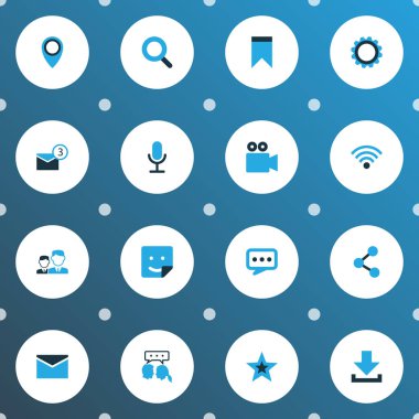 Internet simgeleri ile set renkli yayımlamak, Büyüteç'i, aşağı ok ve diğer location öğeleri. İzole vektör çizim Internet simgeleri.