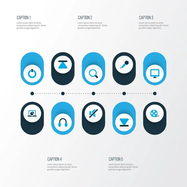 Media icons colored set with search, top, monitor and other eject elements. Isolated vector illustration media icons. — Stock Vector