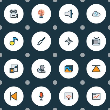 Multimedya simgeler renkli çizgi wifi, tv, jack ve diğer televizyon ile öğeleri ayarlayın. İzole illüstrasyon multimedya simgeler.