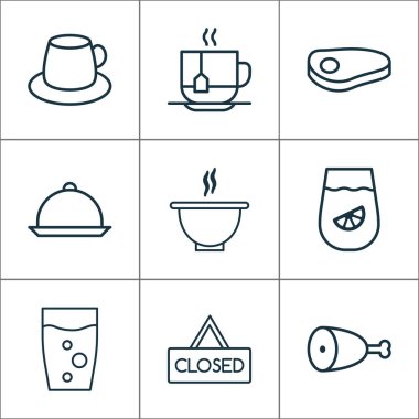 Cafe simgeleri ile asılı Yönetim Kurulu, sığır eti, tavuk budu ve diğer kahve Kupası öğeleri ayarlayın. İzole illüstrasyon kafe simgeler.