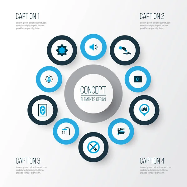 Icônes de religion ensemble coloré avec frotter el hizb, ghusl, drapeau islam et autres éléments de zakat. Illustration isolée icônes religion . — Photo
