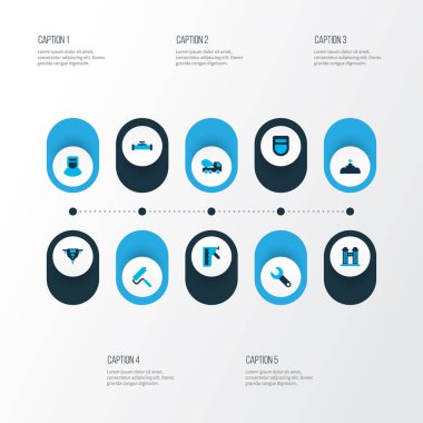 Sanayi simgeler kümesi kaynak kask, vinç ile boru hattı ve diğer rulo fırça öğeleri sıhhi tesisat ile renkli. İzole vektör çizim sanayi simgeleri.