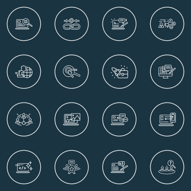 Optimizasyonu simgelerin stil ile bağlantı kurma, tanıtım, yorum blogu ve diğer bağlantı elemanları kümesi satır. İzole vektör çizim optimizasyonu simgeler.