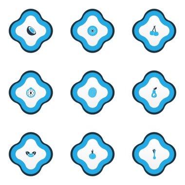 Gıda simgeler kümesi soğan, kiraz, guacamole ve diğer kahve çekirdeği öğeleri ile renkli. İzole vektör çizim gıda simgeler.