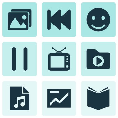 Tv, şarkı listesi, Duraklat ve diğer Galeri öğeleri ile Medya Icons set. İzole vektör çizim medya simgeler.