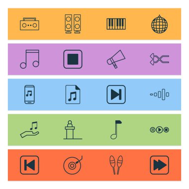 Multimedya simgeler synthesizer, stop müzik, davul sopa ve diğer frekans elemanları ile ayarlayın. İzole vektör çizim multimedya simgeler.