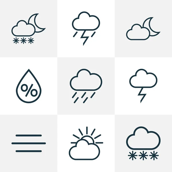 Klimaat pictogrammen lijnstijl ingesteld met regenbui, wind, moonshine en andere elementen van de wind. Geïsoleerde vector illustratie klimaat pictogrammen. — Stockvector