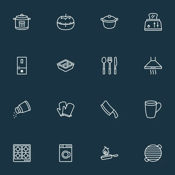 Conjunto de iconos de cocina estilo línea con barbacoa, taza, olla y otros elementos de barbacoa. Iconos de cocina de ilustración vectorial aislado . — Vector de stock