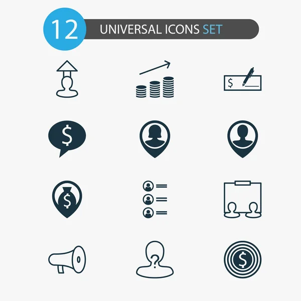 Ícones humanos com negócios, cheque bancário em dólares, localização e outros elementos anônimos. Isolado vetor ilustração ícones humanos . — Vetor de Stock