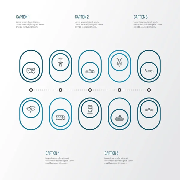 Style de ligne d'icônes de transit avec ballon à air, camping-car, croisière et autres éléments automobiles. Illustration isolée icônes de transit . — Photo