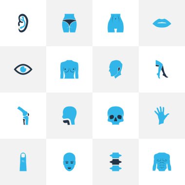 Vücut simgeler kümesi ile göğüs, omurga, ağız boşluğu ve diğer kalça öğeleri renkli. İzole illüstrasyon vücut simgeler.