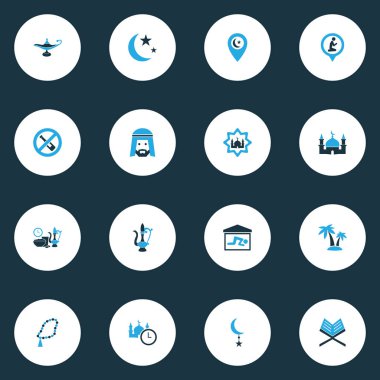 Tatil simgeler kümesi Müslüman, avuç içi, dua ve diğer boncuk öğeleri ile renkli. İzole illüstrasyon tatil simgeler.