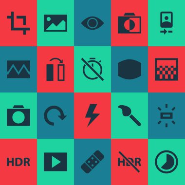 Görüntü simgeler kırık görüntü, kamera açık, kronometre ve diğer akıllı telefon öğeleri ile ayarlayın. İzole illüstrasyon görüntü simgeleri.