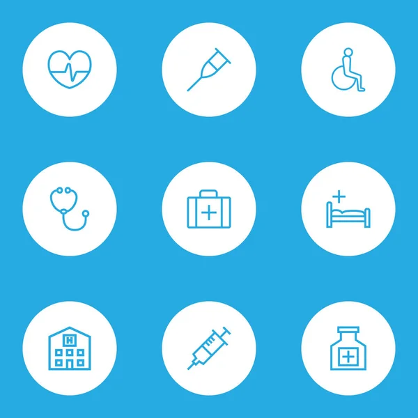 Icone antibiotiche stile linea set con stampella, ospedale, disabili e altri elementi di supporto. Isolato illustrazione antibiotico icone . — Foto Stock