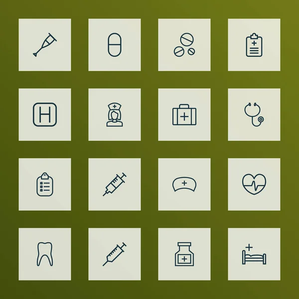 Iconos antibióticos estilo de línea con clínica, cuestionario, botella y otros elementos de enfermería. Iconos de antibióticos de ilustración aislada . — Foto de Stock