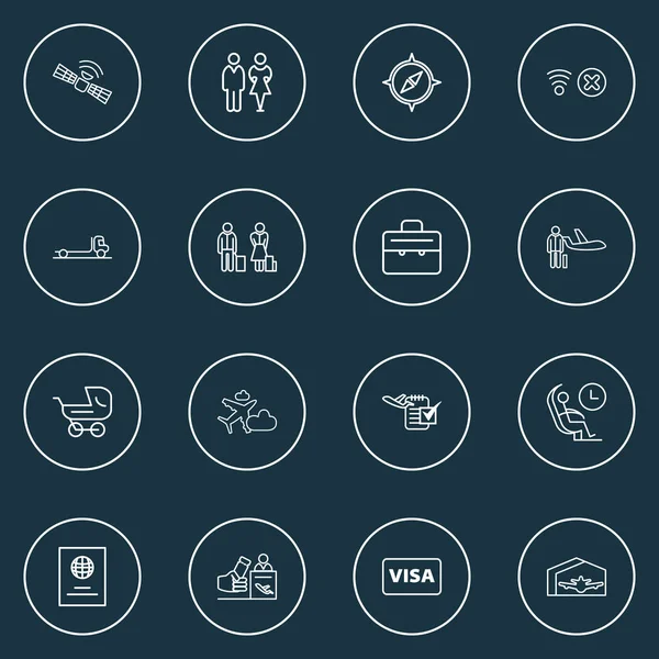 Icônes de l'aéroport style ligne réglée avec la date de vol, passager, visa et autres éléments wc. Illustration isolée icônes de l'aéroport . — Photo