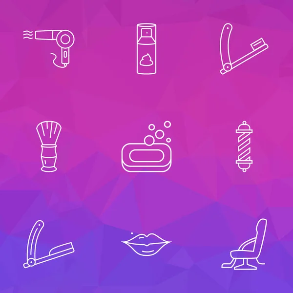 Salon icons line style set with razor blade, soap, lips and other shaver elements. Isolated  illustration salon icons.