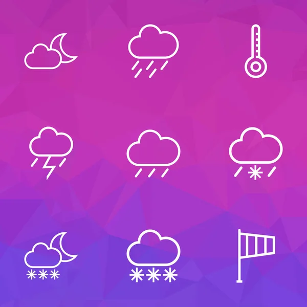 Iconos climáticos estilo de línea con precipitaciones, tormentas de lluvia, sol de luna y otros elementos de calcetines. Iconos de clima de ilustración aislada . — Foto de Stock