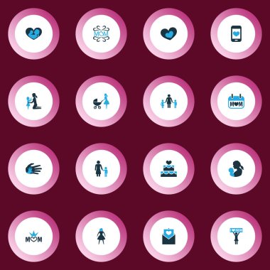 Anneler günü simgesi renkli tasarım konsepti. Bebek, anne ve cep telefonu 16 gibi öğeleri kümesi. Anne, kalp ve sevgi için güzel sembolleri.