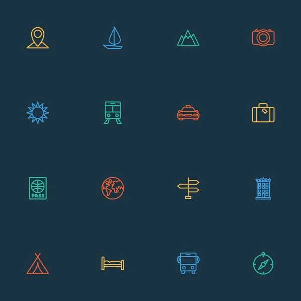 Ensemble de style ligne d'icônes de voyage avec valise, hôtel, tente et autres éléments de colline. Isolation vectorielle illustration voyage icônes . — Image vectorielle